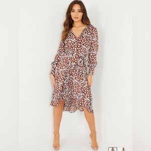Quiz Animal Print Satin Long Sleeve Midi Dress - Brown/Blue Size US 4